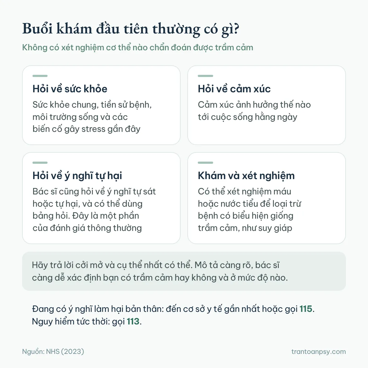 Bốn phần thường có trong buổi khám đầu tiên khi nghi trầm cảm: hỏi về sức khỏe, về cảm xúc, về ý nghĩ tự hại, khám và xét nghiệm để loại trừ bệnh khác, kèm số 115 và 113