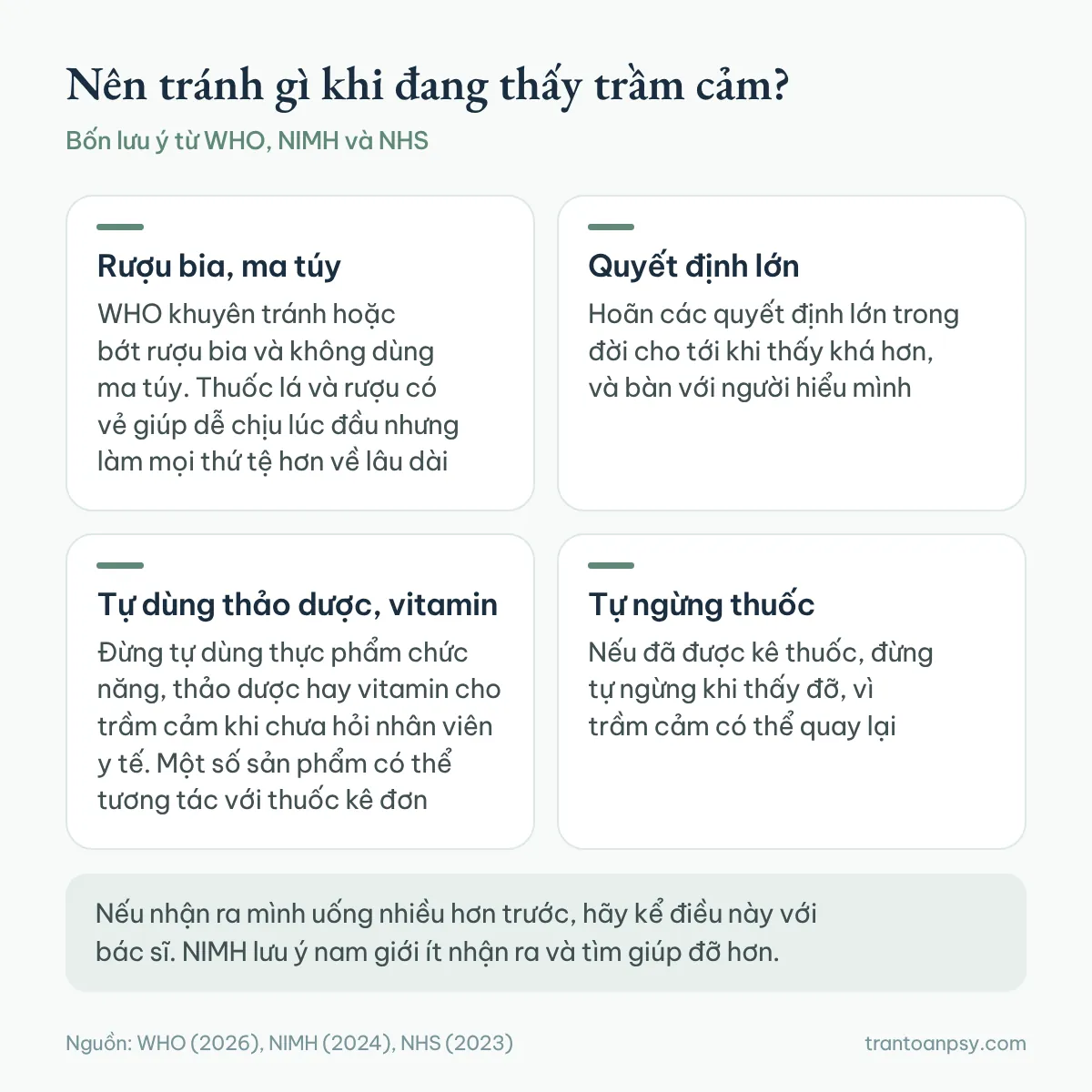 Bốn điều nên tránh hoặc cân nhắc kỹ khi đang thấy trầm cảm: rượu bia và ma túy, quyết định lớn trong đời, tự dùng thực phẩm chức năng hay thảo dược, tự ngừng thuốc