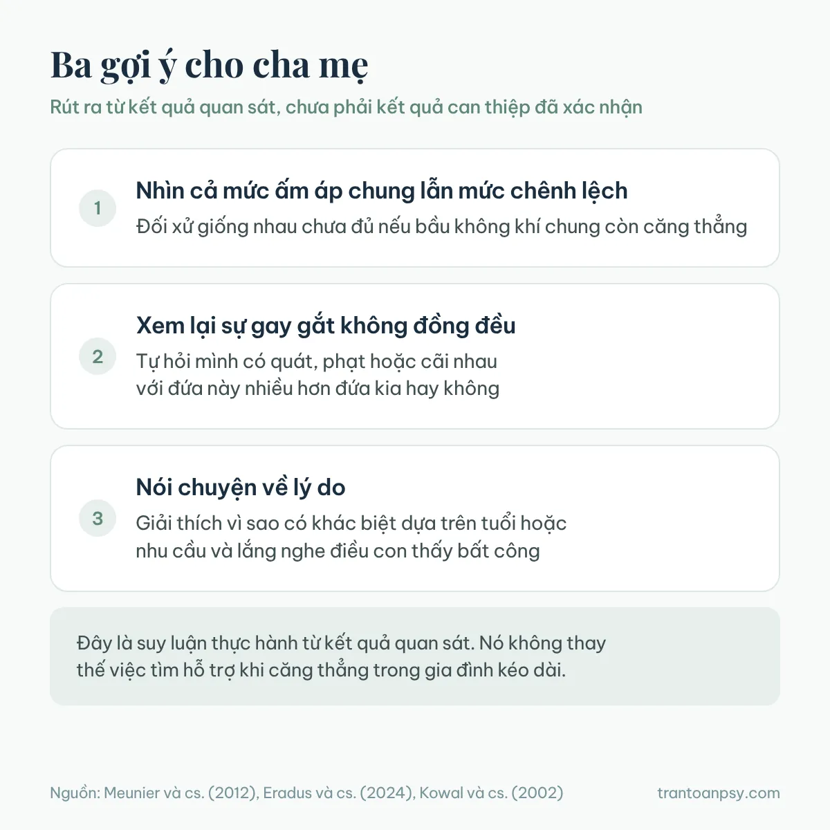 Thiên vị trong gia đình: Cha mẹ đối xử khác biệt ảnh hưởng gì? 5 Ba gợi ý cho cha mẹ khi nhận ra mình đối xử khác nhau: nhìn cả mức ấm áp chung và mức chênh lệch, xem lại sự gay gắt không đồng đều, nói chuyện về lý do