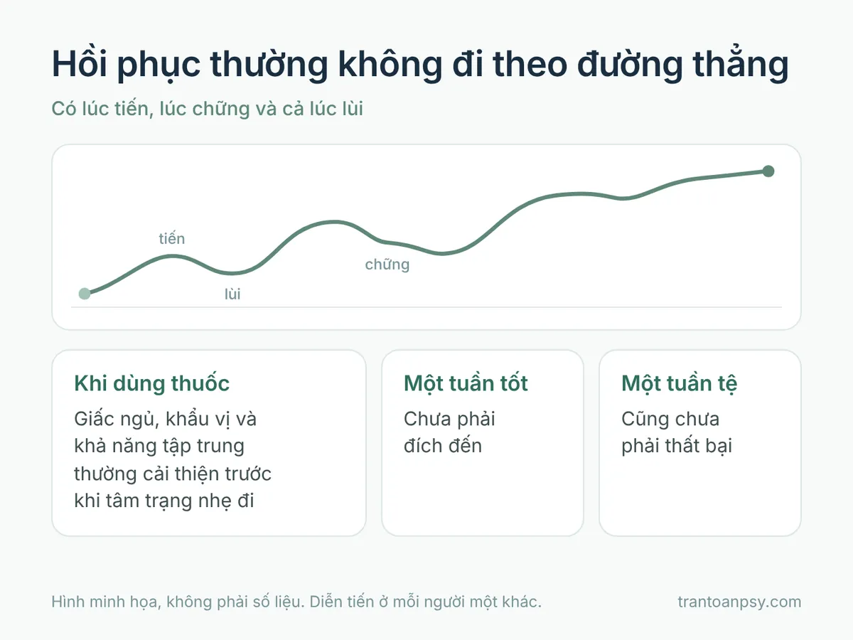Trầm cảm có chữa được không? Tiên lượng và các hướng điều trị 4 Đường minh họa hồi phục từ trầm cảm có lúc tiến, lúc chững, lúc lùi, kèm ba ghi chú ngắn