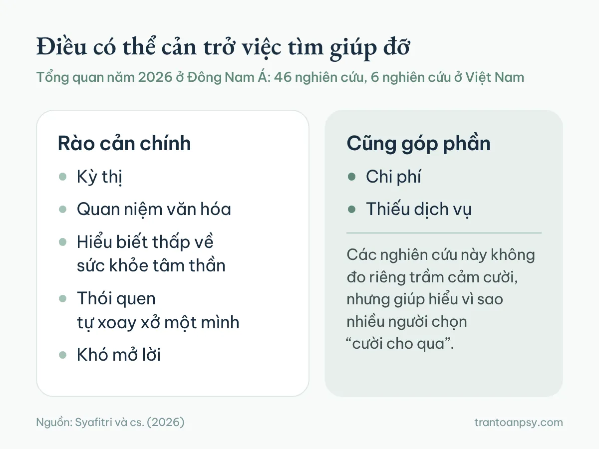 Trầm cảm cười là gì? Hiểu đúng về smiling depression 4 Rào cản tìm giúp đỡ ở Đông Nam Á: kỳ thị, quan niệm văn hóa, hiểu biết thấp, tự xoay xở một mình, khó mở lời, cùng chi phí và thiếu dịch vụ