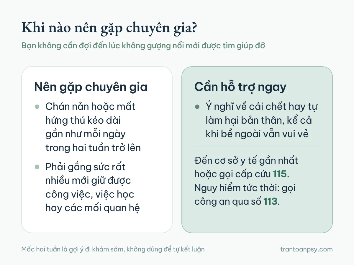Trầm cảm cười là gì? Hiểu đúng về smiling depression 6 Hai cột: khi nào nên gặp chuyên gia và khi nào cần hỗ trợ ngay, kèm hướng dẫn đến cơ sở y tế, gọi 115, gọi 113