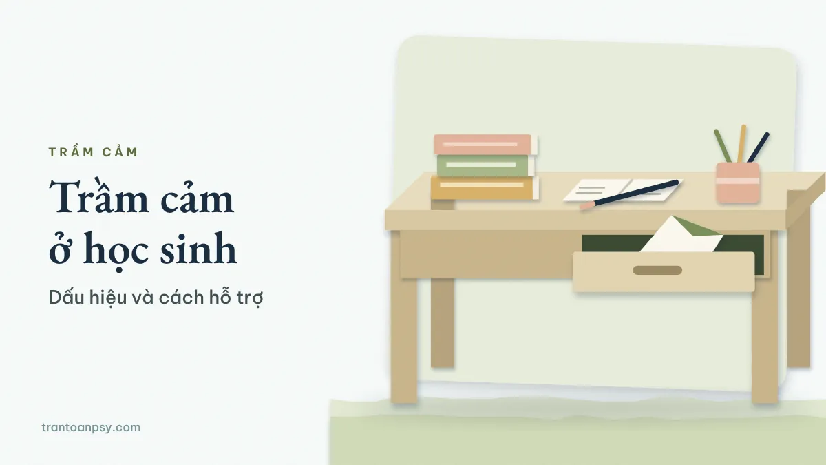 Cắt giấy nhiều lớp: bàn học nhìn nghiêng với chồng sách, vở và cốc bút ngay ngắn, trong hộc bàn có một tờ giấy gấp nhỏ chìa ra với góc màu xanh rêu; chữ Trầm cảm ở học sinh
