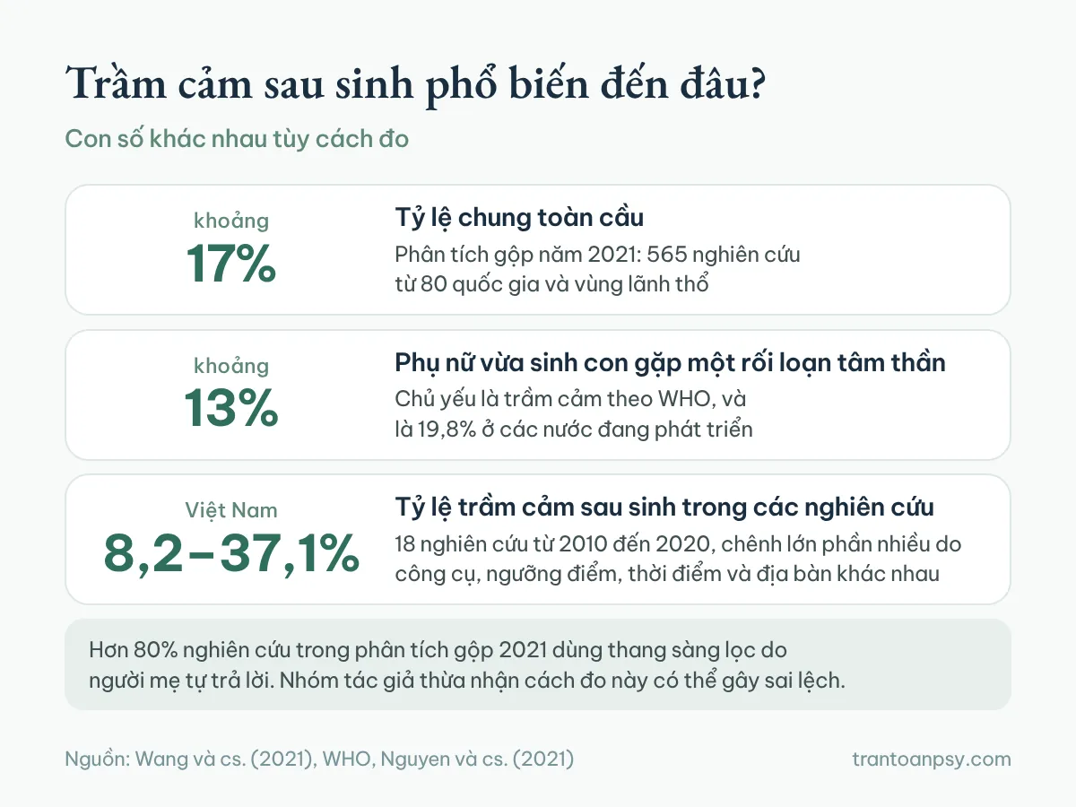 Trầm cảm sau sinh: Khác gì baby blues và khi nào cần hỗ trợ? 2 Ước tính tỷ lệ trầm cảm sau sinh: khoảng 17% toàn cầu, khoảng 13% phụ nữ vừa sinh gặp rối loạn tâm thần theo WHO, và 8,2% đến 37,1% trong các nghiên cứu ở Việt Nam
