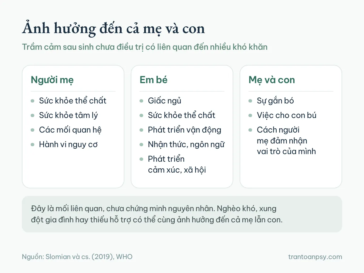 Trầm cảm sau sinh: Khác gì baby blues và khi nào cần hỗ trợ? 3 Các lĩnh vực trầm cảm sau sinh chưa điều trị có liên quan: sức khỏe người mẹ, sức khỏe và phát triển của em bé, sự gắn bó và cho con bú