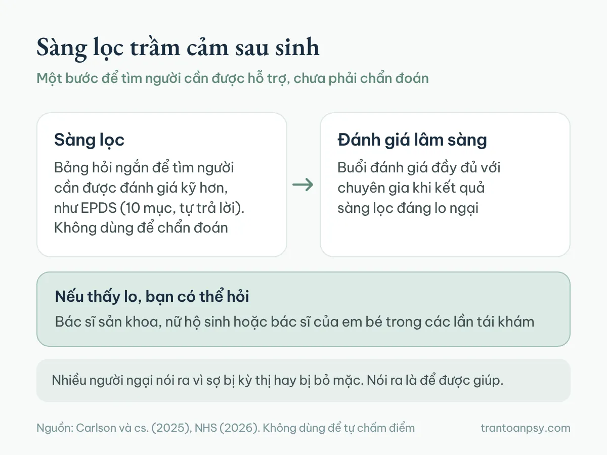 Trầm cảm sau sinh: Khác gì baby blues và khi nào cần hỗ trợ? 5 Sàng lọc trầm cảm sau sinh là bước dùng bảng hỏi ngắn, sau đó là đánh giá lâm sàng đầy đủ, và có thể hỏi bác sĩ sản khoa, nữ hộ sinh hoặc bác sĩ của em bé