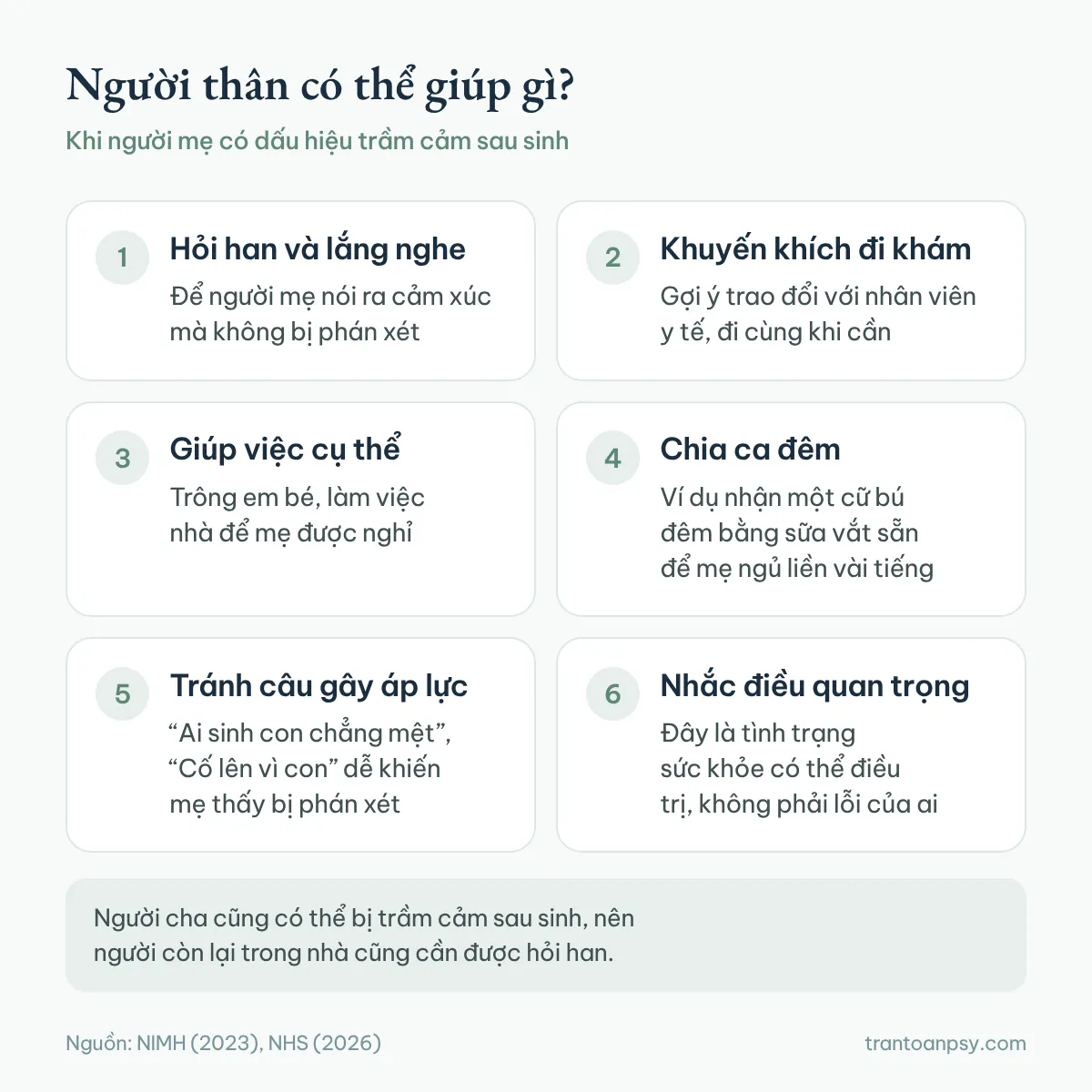 Trầm cảm sau sinh: Khác gì baby blues và khi nào cần hỗ trợ? 6 Sáu cách người thân có thể giúp người mẹ có dấu hiệu trầm cảm sau sinh