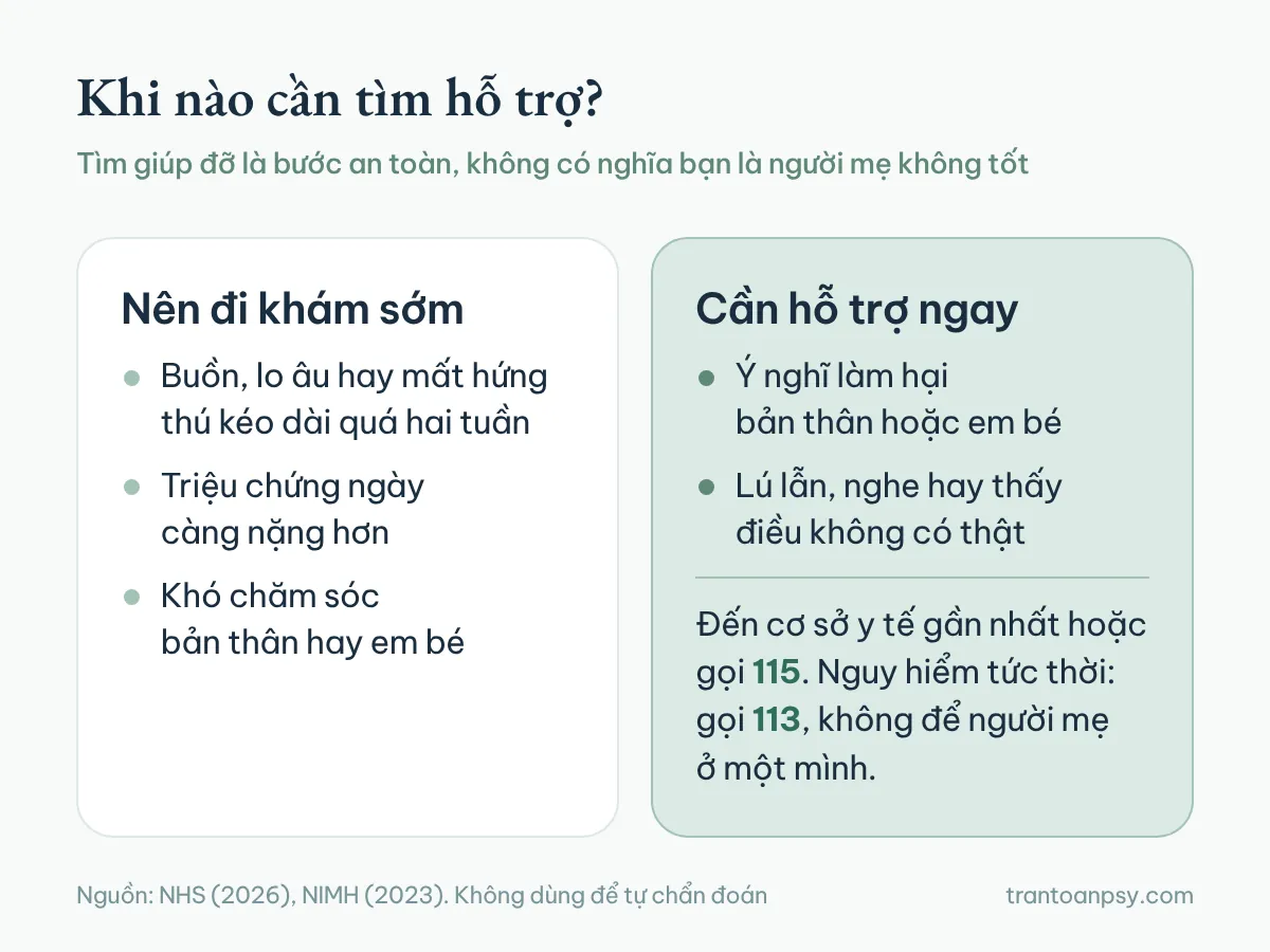 Trầm cảm sau sinh: Khác gì baby blues và khi nào cần hỗ trợ? 7 Khi nào nên đi khám sớm và khi nào cần hỗ trợ ngay với trầm cảm sau sinh, kèm số 115 và 113