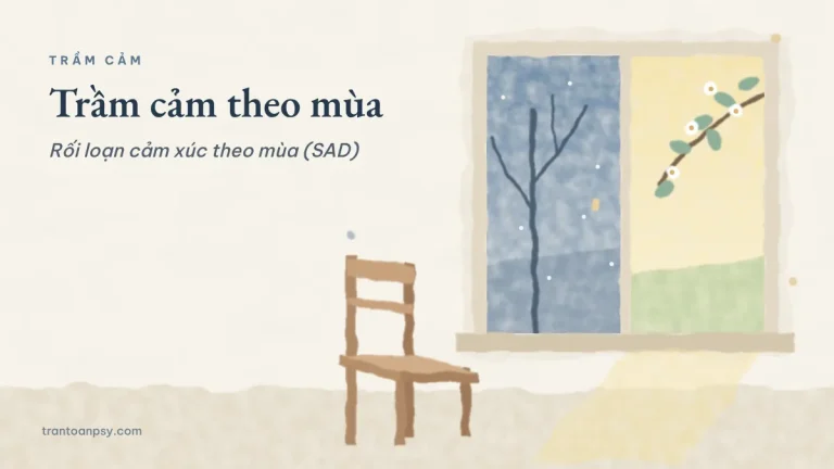 Tranh màu nước: cửa sổ nửa chiều đông xám, nửa ánh xuân, chiếc ghế trống bên cạnh; chữ Trầm cảm theo mùa