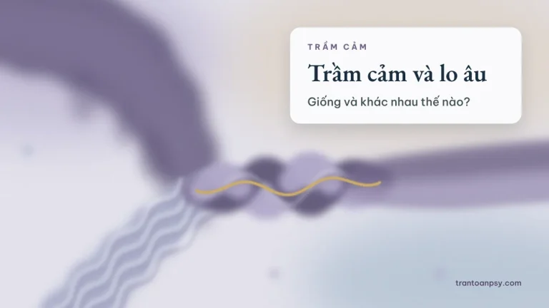 Tranh trừu tượng màu loang mép nhòe: một dải tím đậm nặng chảy xuống và một dải nhạt gợn rung đi lên, vặn vào nhau như dải lụa rồi thành một dải chung, có lõi vàng cát mảnh chạy trong đoạn xoắn; chữ Trầm cảm và lo âu