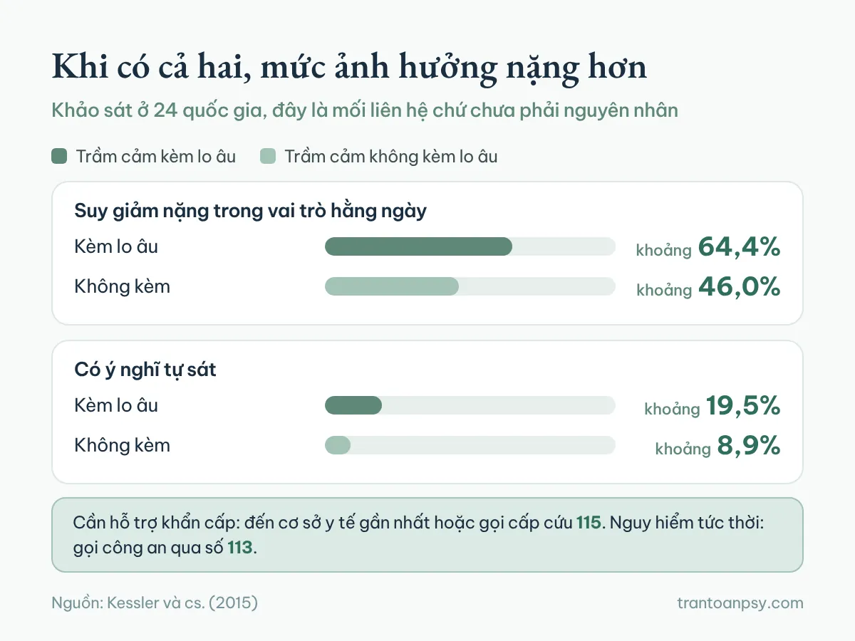 Trầm cảm và rối loạn lo âu: Khác nhau ở đâu, vì sao hay đi cùng? 4 Biểu đồ thanh so sánh trầm cảm kèm và không kèm lo âu: suy giảm nặng 64,4% so với 46,0%, ý nghĩ tự sát 19,5% so với 8,9%, kèm số 115 và 113